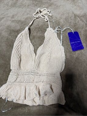 Via Veneto Cream Crochet Halter One-Piece